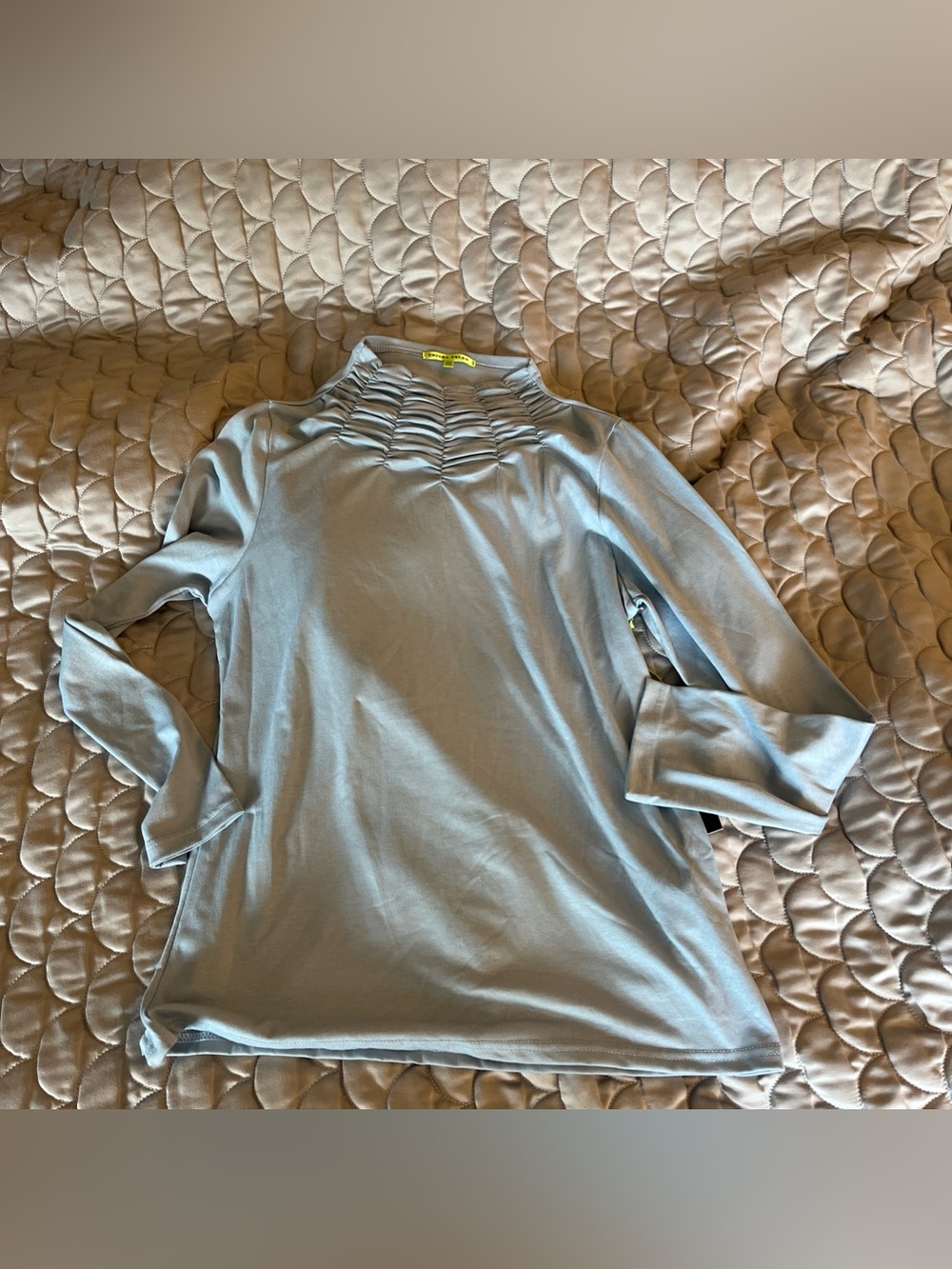 Trisha Tyler Top petite medium  Shirred Mock Neck Pullover light blue